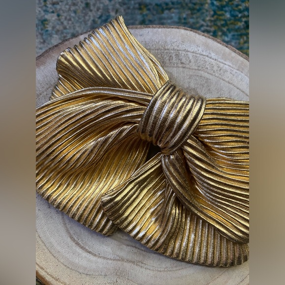 Vintage ribbed gold lame festive holiday spring clip hair barrette bow - Picture 2 of 6